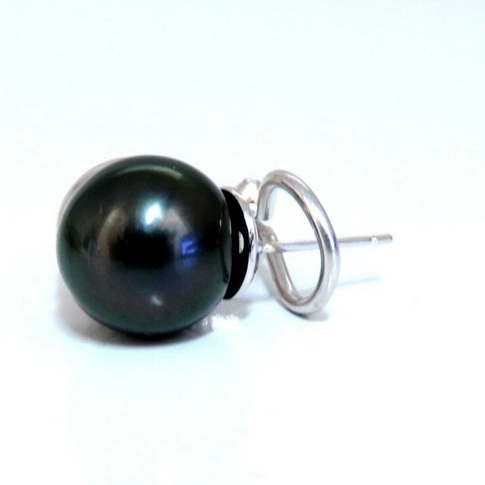 11mm natural tahitian pearl & .50ct diamonds raised cap earrings 14kt* - Picture 3 of 9